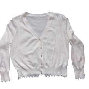 White Cardigan Sweater XXL Embellished Buttons Lace Trim V Neck Coquette Core